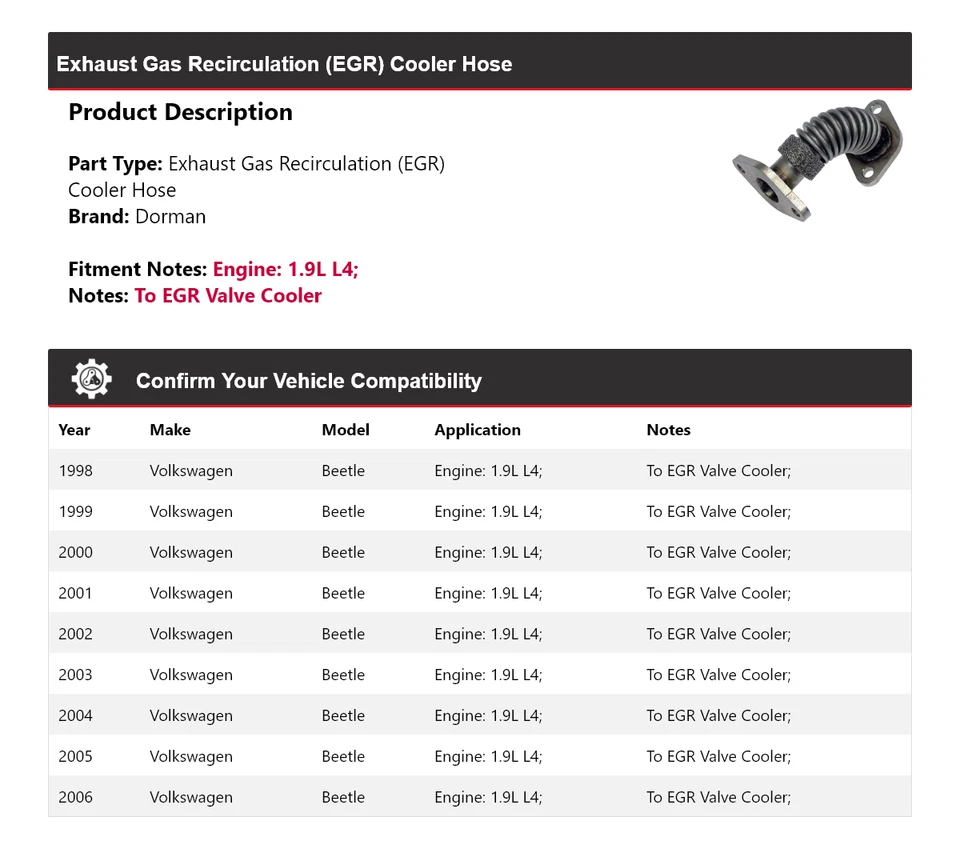 Manguera de refrigeración para Volkswagen Beetle 1998-2006 1,9 L L4 Dorman EGR 1999 2000 2001 Foto 2 de 4