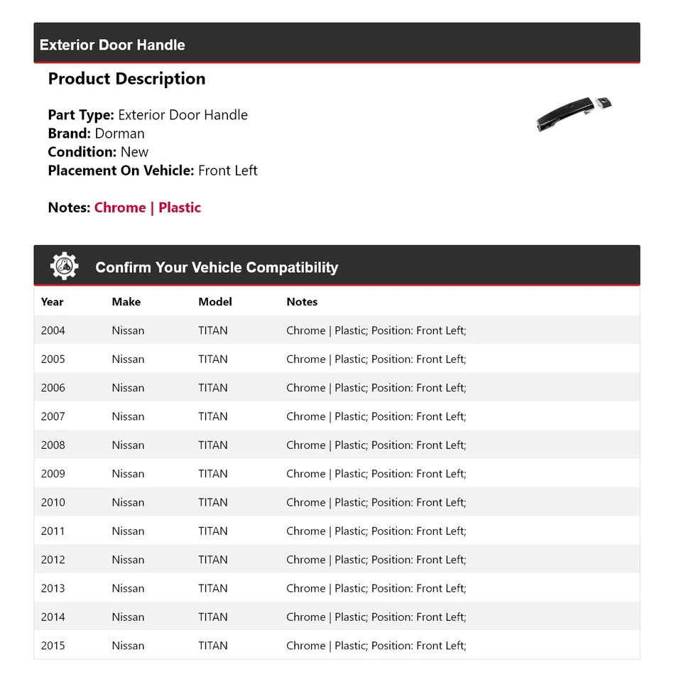Передняя левая ручка внешней двери для Nissan TITAN Dorman 2004-2015 годов выпуска 2005 2006 2007 годов выпуска - Изображение 2 из 4