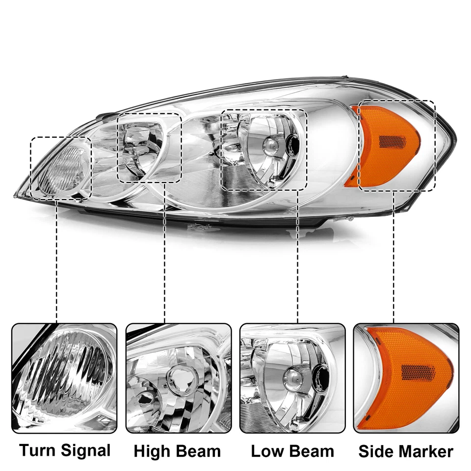 2PCS Headlights For 2006-2013 Chevy Impala 2006-2007 Monte Carlo Chrome LH+RH Foto 4 de 4