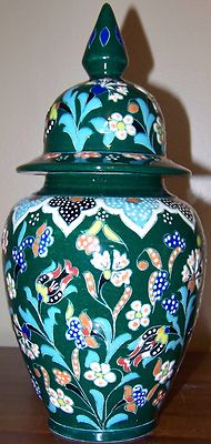 Handmade Turkish 11'' (29cm) High Iznik Green Raised Ceramic Jar Urn Canister