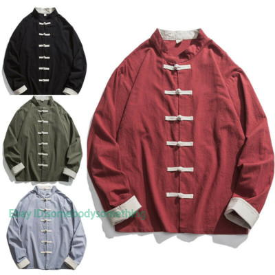 Mens Chinese Style Casual  Shirt Jacket Retro Tang Coat Top Cotton Linen Soft