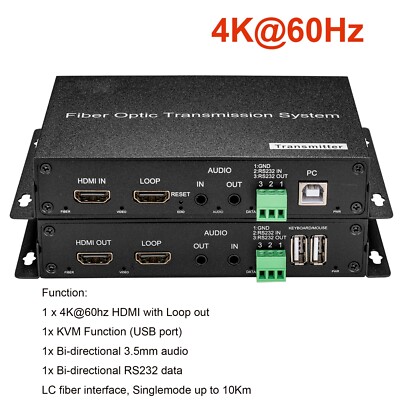4K 60Hz Ultra HD HDMI over Fiber Converter with KVM RS232 3.5 Audio Uncompressed