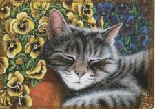 Modern Wide Linen Pansies P5 Cat With Pansies Swap Playing Card