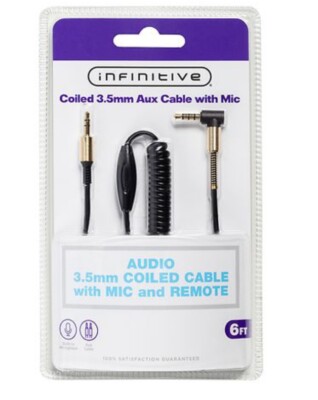 Aux Audio Cable Infinitive Coiled 3.5mm Built-in Microphone Mic & Remote 6FT New