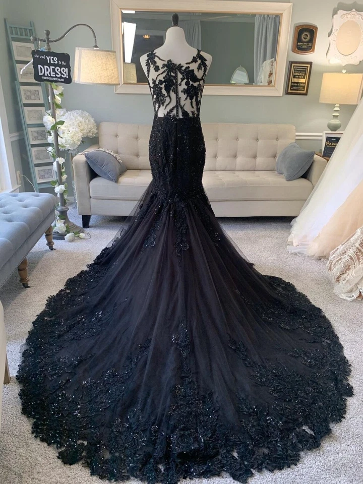 Vestidos de novia de sirena gótico negro lentejuelas apliques de encaje vestido de novia sin mangas Foto 4 de 4