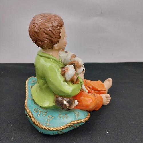 Porcelain Christmas Setting REPLACEMENT Child Boy Holding Puppies 4.5" Tall - Picture 5 of 14