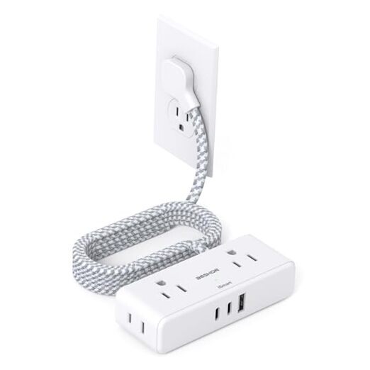 Flat Extension Cord 6 feet, Flat Plug Power Strip, 4 Widely Outlets 6FT White-image