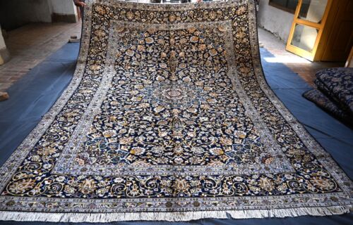 Blumenmuster Vintage kaukasischer Wollteppich 10x13 blau handgeknüpft Orientteppich - Bild 1 von 13