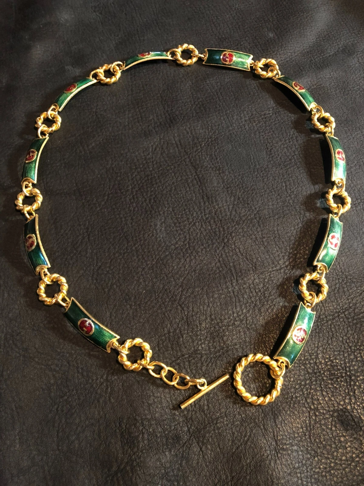 Chaîne CEINTURE GUCCI AUTHENTIQUE marque logo vintage rare or GG collier vert F/S GG9