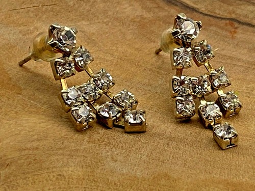 Vintage Silver Metal Rhinestone Diamante Drop Dangle Earrings 1980' Bridal - Picture 7 of 12