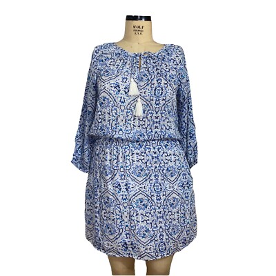 rikshaw design dresses Rikshaw Design women's blue white blockprint dress w/ tassel oversized sz  small