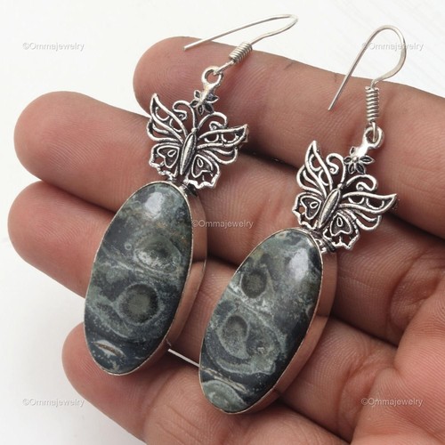 Seraphinite Drop/Dangle Earrings Handcrafted Silver Plated Unique Gift 2.6" - Picture 3 of 3
