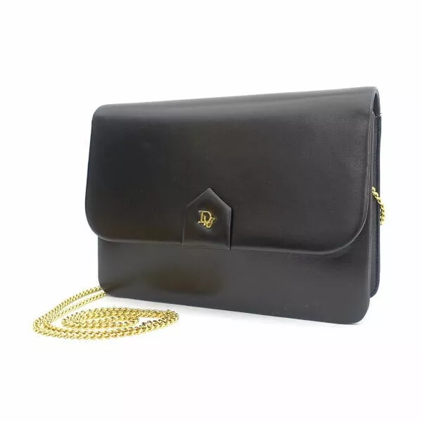 Christian Dior sac bandoulière chaîne vintage pochette cuir noir logo or durwar