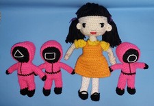Squid Game 2. Young-Hee Crocheted Doll With 3 Pink Guards.Set.