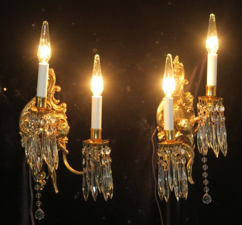 2 Vintage gilt bronze Italy cherub crystal sconce lamp crystal brass bead garlan - Picture 6 of 11