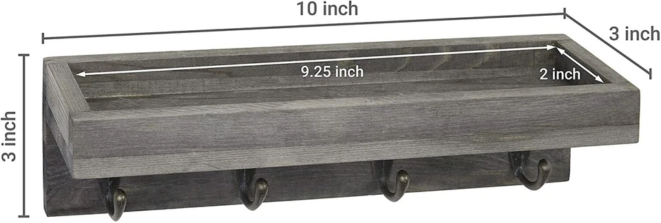 MyGift Vintage Grey Wood Wall Mounted Entryway Shelf with 4 Antique Metal Hooks - Image 4 of 4