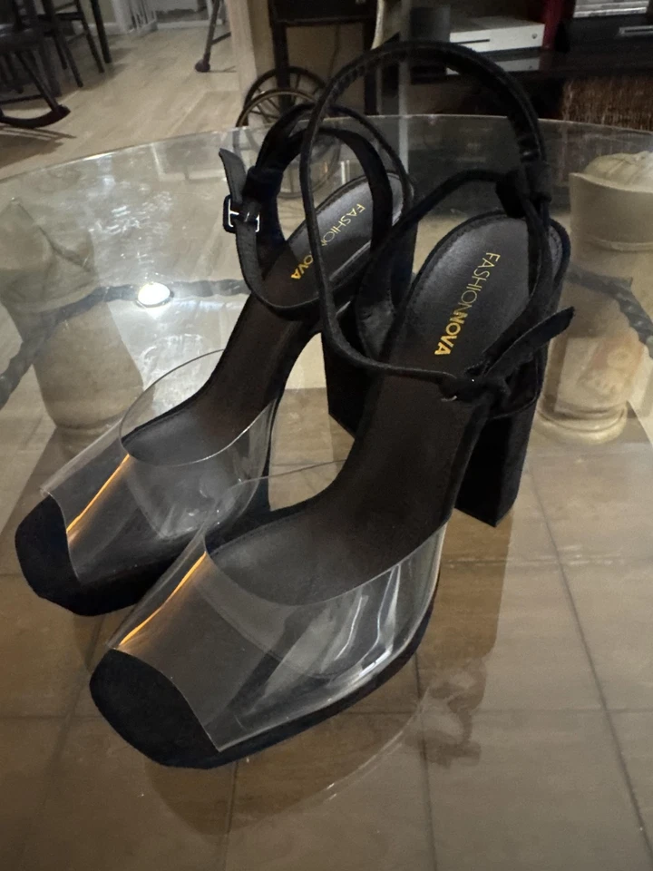 Moda Nova Zapatos Mujer Talla 10 Negro Correa Transparente Tacón Bloque Sandalias Elegantes Foto 3 de 4