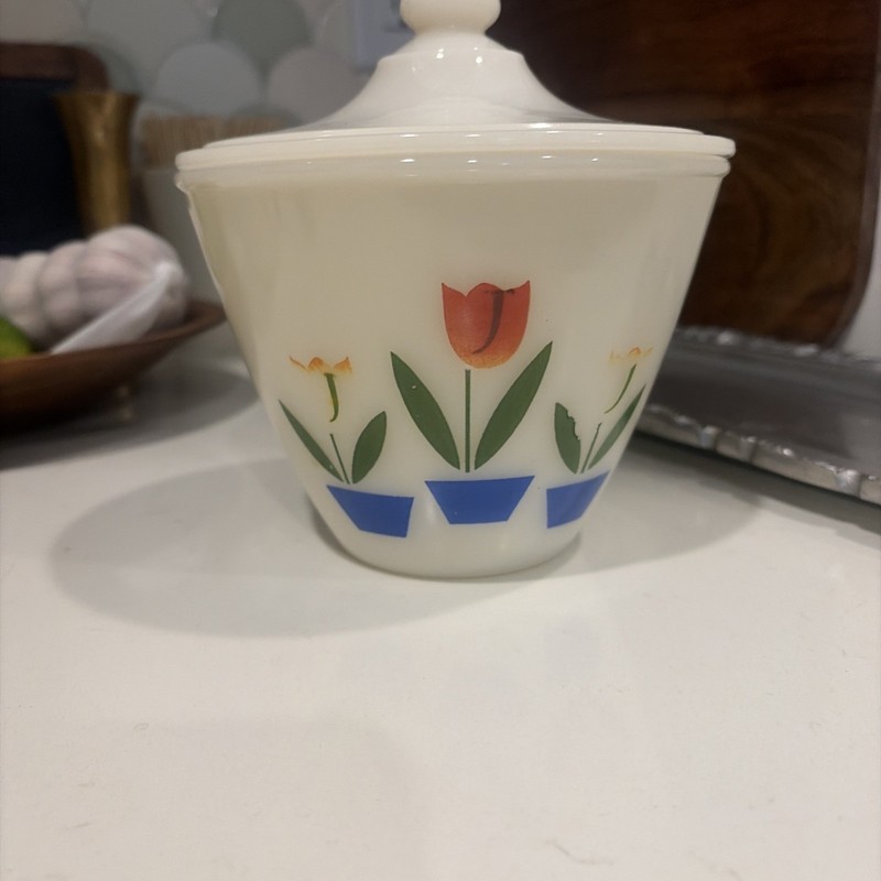 Vintage Tulip Pattern Anchor Hocking Fire King Grease Jar & Lid Lidded 6" USA