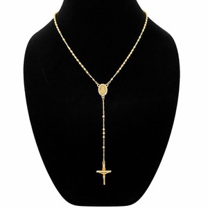 Authentic 18K Gold Plated Rosary Necklace Beaded 18.5” Virgin Mary Cubic Zirconia Crucifix