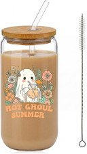 Halloween Ghost Glass Cup with Lid and Straw