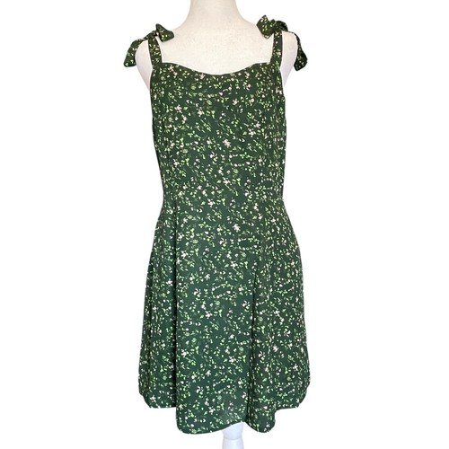 Sweetheart Neck Dress Women’s Large Ribbon Straps Mini Smocked Back Ditzy Green - Picture 2 of 8