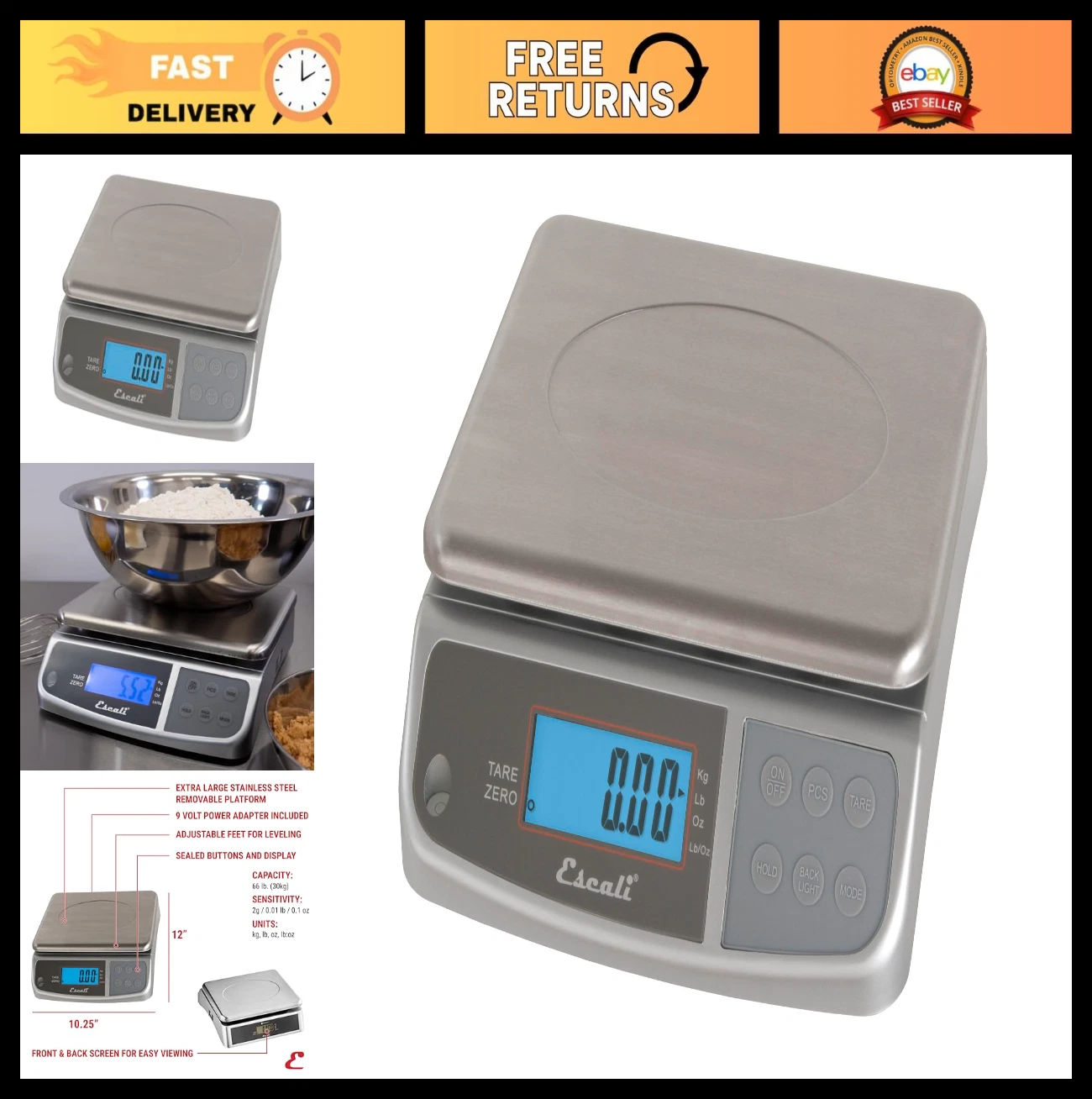 Escali Digital Kitchen & Industrial Scale 66 lb Capacity Stainless Steel