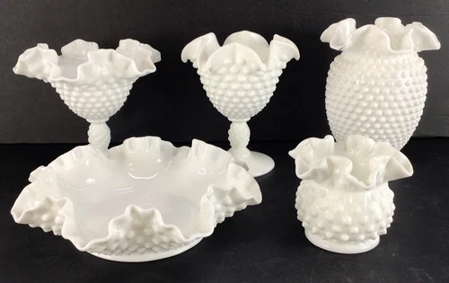 Vintage Set Of 5 White Fenton Hobnail Milk Glass Ruffled Goblets, Bowl, Vase