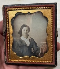 6th Plate Antique 1840s Woman Lace Dress Daguerreotype Photo Leather Case