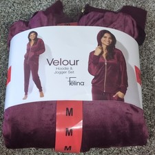 Felina Burgundy Velour 2 Piece Outfit Set Hoodie Jogger Size M