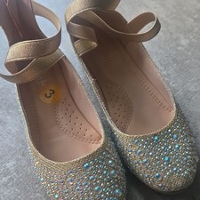 Link Girls Gold Glitter Rhinestone Ballet Flats Round Toe Zip Closure Size 3