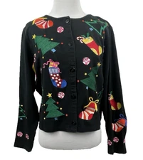 Vintage Michael Simon Lite Women's Small Black Embroidered Christmas Cardigan