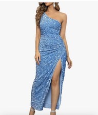 One Shoulder Blue Sequin Fitted Silhouette Evening Gown Womens Small