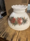 Vintage Hurricane Lamp Shade Milk Glass Floral Red Roses Ruffled Top 2 3/4