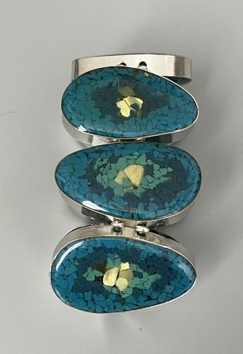 VTG Silver Tone Lucite? Turquoise-Yellow-Unknown Material-Panel Stretch Bracelet - Picture 4 of 12