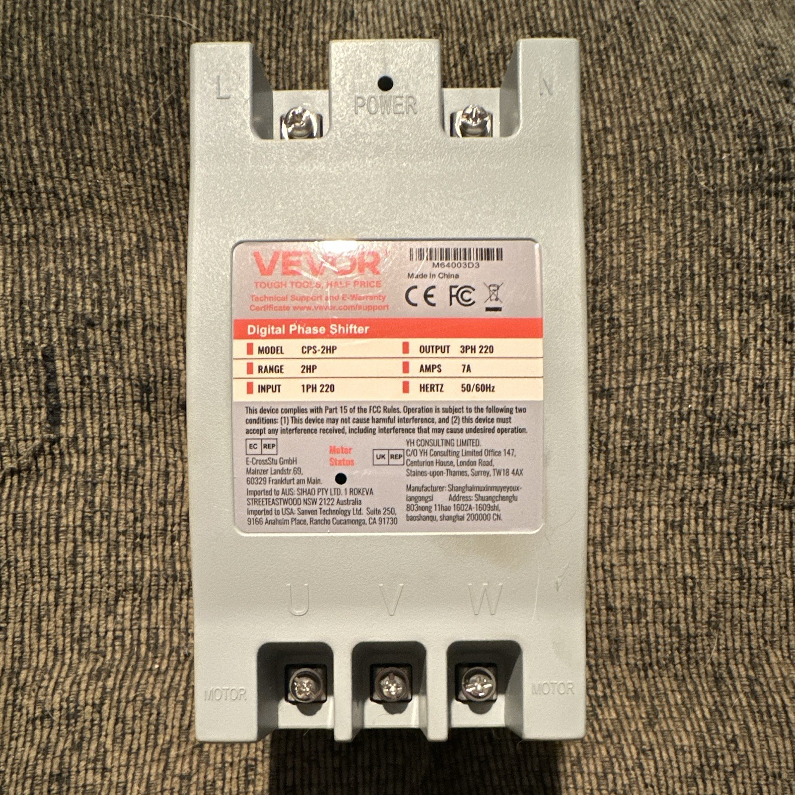 VEVOR Digital Static Phase Converter 1 to 3 Phase 220V 2HP 50/60Hz Wall