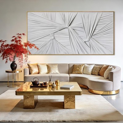 Large White Framed Abstract Canvas Wall Art, 3D Textured Sculptural Minimalis...