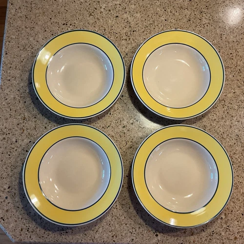 HOME Yellow & Blue Rimmed Soup Bowls Set Of 4,  9” x 2” Never Used HMQ27