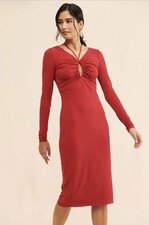 ANTHROPOLOGIE Hutch Halston Ember Stretch Jersey Midi Dress Size 8 Red Ruched