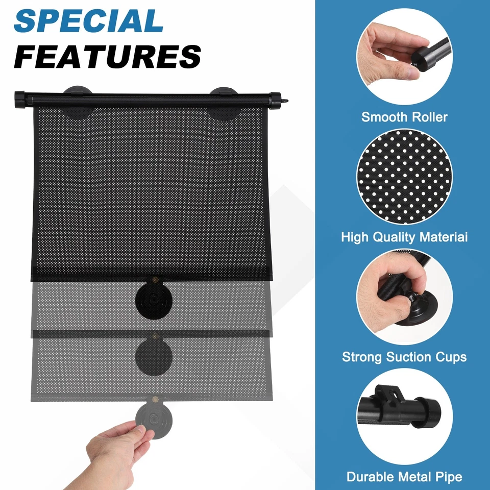 4pcs 18"x 16" Retractable Roller Sunshade with Suction Cups for Cars, Black - Imagem 3 de 4