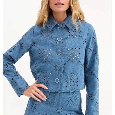 Veronica Beard Adelaide Jacket 0 Sea Glare Blue Denim Eyelet
