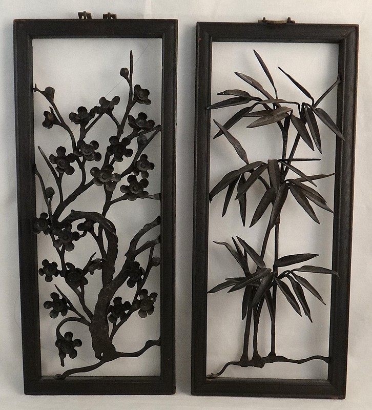 4 Antique Chinese Framed Tooled Iron Panels of different plants