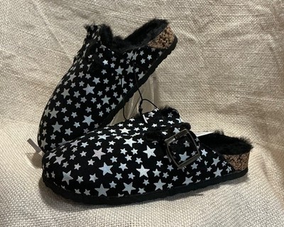 NEW OLIVIA MILLER Girl Sz 1 black fur lined silver star slip on clogs