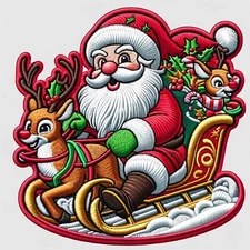 Christmas Santa Sled Patch Iron-on Applique Clothing Decor Bag of Presents Elves