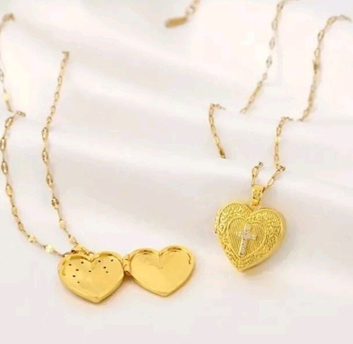 Gold Heart Locket With Crystal Cross Comes Gift Boxed Birthday Christmas Gift984 - Picture 3 of 4