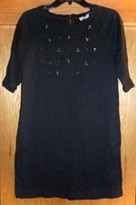 ANN TAYLOR LOFT - RAGLAN-SLEEVE EMBELLISHED BLACK COTTON KNIT DRESS - MISSES S