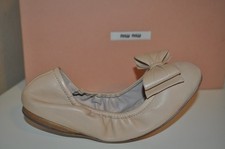 NIB Miu Miu By Prada BOW Ballet Flat Shoes Beige Leather Scrunch 34.5 - 4.5 Nude