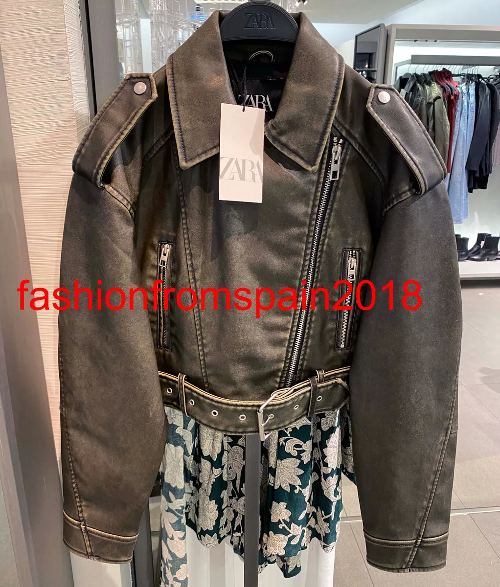 ZARA NEW WOMAN BELTED BIKER FAUX LEATHER JACKET CHARCOAL XS-XXL