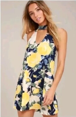 Lulus Womens Part of Your World Babydoll Halter Dress Size S Floral Keyhole 