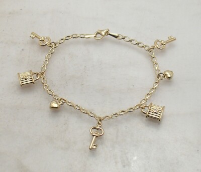 7'' Herz Schlüssel Tasche Handtasche Anhänger Oval Glieder Bettelarmband Echt 14K Gelbgold