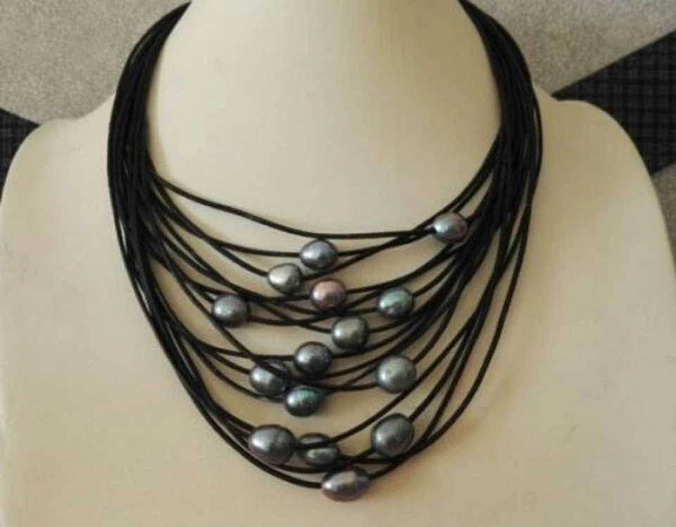 15 Strands Black Leather Rope & Dark Gray Freshwater Pearl Necklace - image 4 of 4